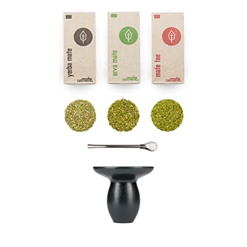 Bio Mate Tee Set ● 1 Keramik-Cuia + 1 Bombilla + 3 Matesorten + Zubereitungsanleitung ● bio + fair + Luftgetrocknet ● (schwarz)