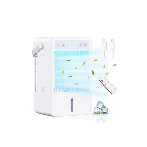 Mobile Klimaanlage Leise mit Fernbedienung – Tragbarer Mobiles Klimagerät USB-C, Luftkühler mit Wasserkühlung 1500ML, 5 Geschwindigkeiten + 3 Modi, Timer 10H, 7 RGB-Farben, Ideal für Schlafzimmer/Büro