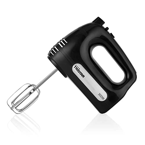 Tristar MX-4201 Handmixer, 5 Geschwindigkeits- und 1 Turbostufe, 300 Watt Leistung, mit 2 Teighaken und Schneebesen, Schwarz