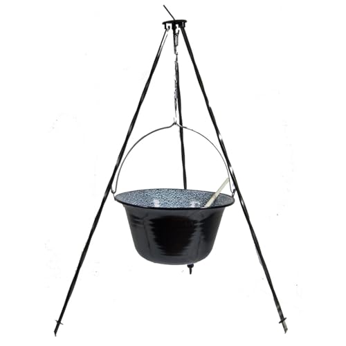 troph-e-shop Set Ungarischer Gulaschkessel Emaille 10 Liter + Dreibein 1,0 m + Kochlöffel Suppenkessel Gulaschtopf Hordentopf