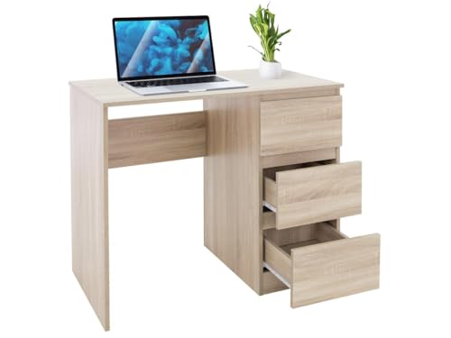 ML-Design Schreibtisch mit 3 Schubladen, 90x76x50 cm, in Sonoma-Eiche, viel Stauraum, modern, Arbeitstisch Bürotisch Computertisch Büromöbel Kinderschreibtisch Laptoptisch PC Tisch, für Heim/Büro