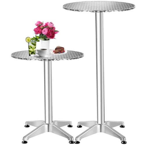 tectake® 2in1 Stehtisch Ø 60cm, Bistrotisch Rund, Bartisch aus Aluminium, höhenverstellbarer Tisch 70cm / 110cm, Partytisch, Gartentisch, Balkontisch, Biertisch, Esstisch rund, Wetterfest - Silber