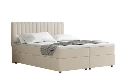 PANDA MÖBEL Everest Boxspringbett 160 x 200 cm Doppelbett mit hochwertiger Bonell-Matratze und Topper, Polsterbett mit Bettkasten, Schlafzimmer, Bequem, Modern, Stilvoll