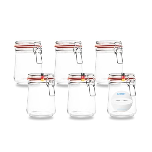 BAUER Flaschenbauer - 6-teiliges Set Drahtbügel-Vorratsgläser 800ml, geeignet als Einmach- und Fermentierglas, zur Aufbewahrung, zum Befüllen, Drahtbügelgläser Inklusive Etiketten - Made in Germany