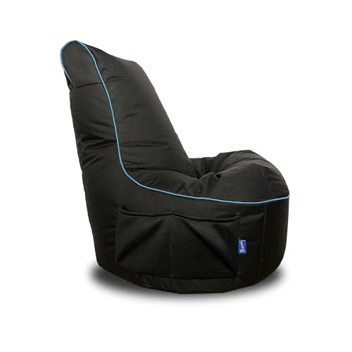 Bruni Cockpit – schwarzer Gaming-Sitzsack zum Zocken mit Lehne und Fach, Indoor und Outdoor geeignet, in Deutschland gefertigt (Schwarz/Blau)