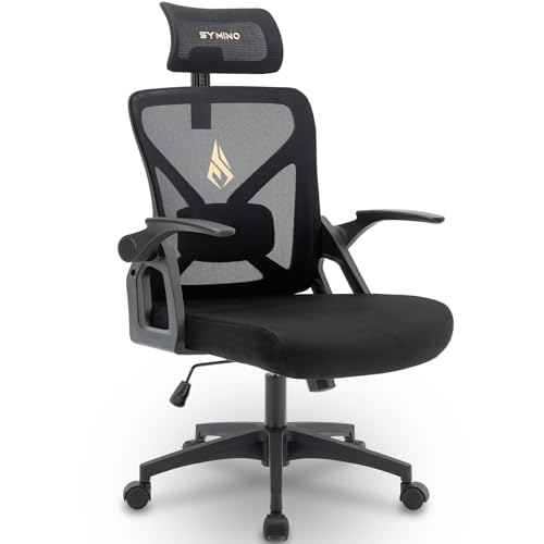 Symino Bürostuhl, Schreibtischstuhl, Drehstuhl Ergonomischer mit Verstellbarer Kopfstütze, Armlehnen, Lordosenstütze, drehbare Wippfunktion, Netzstuhl, rückenschonend, Bürostuhl 150kg, Schwarz
