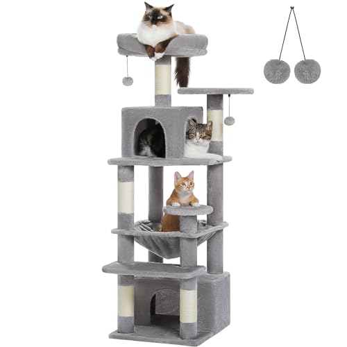 PAWZ Road Großer Kratzbaum, 136 cm Katzenturm für große Katzen, Katzenhaus mit Sisal-bezogenen Kratzbäumen und Polstern, 2 gepolsterten Sitzstangen, Doppelhaus und Korb für Hauskatzen – grau, klein