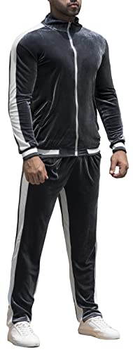 RPOVIG Velours-Trainingsanzug Sweatsuit Samt: Herren-Jogging-Trainingsanzug, 2-teiliges Set, Reißverschluss, Sweatshirts, Jacke, Hose mit Taschen, GRAU, X-Large