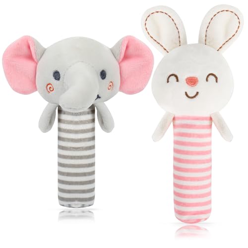 MOOKLIN ROAM Baby Rasseln Babyspielzeug, 2 Stück Greifling zum Rasseln, Spielen und Geräusche Machen, Sensorische Spielzeug mit Weichen Griffen für Babies Kleinkinder (Elefant, Kaninchen)