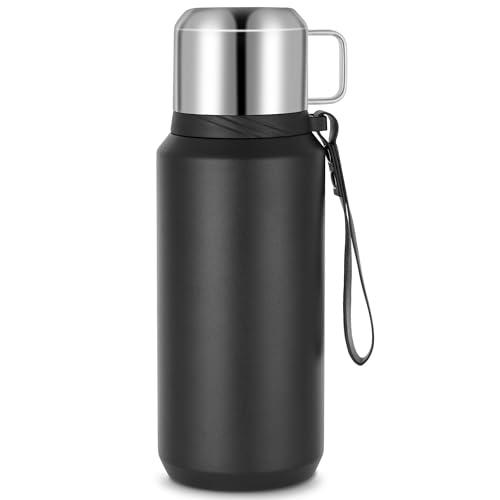 Jokisa Thermosflasche 800ml - Edelstahl Thermoskanne für Warm und Kalt, Auslaufsichere Isolierkanne mit Becher für Unterwegs, Sport, Kaffee und Tee (Schwarz)
