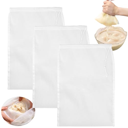 Aerzouser 3 Stück 30 x 20 cm Nussmilchbeutel, Nylon Nussmilchbeutel bio Waschbar mit Kordelzug Nussmilchbeutel, Nussbeutel, Wiederverwendbares Passiertuch, für Nüsse, Sojamilch, Saft, Gemüse (3 Stück)