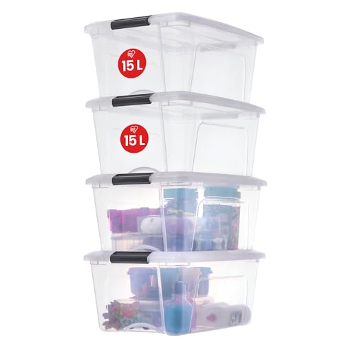 Iris Ohyama, Aufbewahrungsboxen mit Deckel, Kunststoffboxen, Plastikbox, Box mit Deckel, 15L, 4er-Set, Transparent, Verschlussclips, Stapelbar, Organisation, BPA-frei, Plastikboxen, Kisten, NTB-15