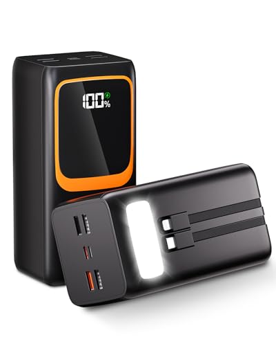 50000mAh Power Bank mit integriertem Kabel: 22,5W schnell aufladende Externe Batterie mit großer Kapazität, tragbares Ladegerät mit LED-Taschenlampe und 7 Ausgängen & 3 Eingängen 2.5×20000 mAh