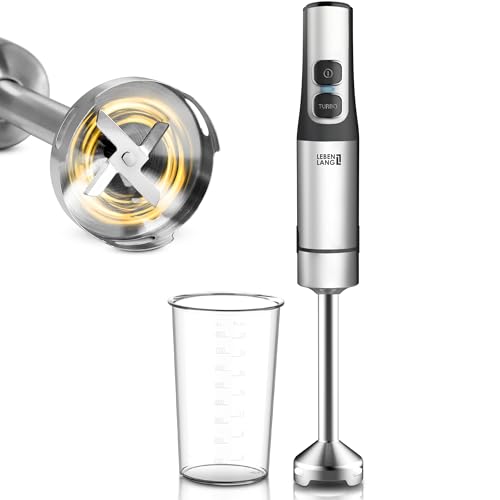 LEBENLANG 1200W Stabmixer Edelstahl - Inkl. 800ml Messbecher & Spritzschutz I Stufenlos verstellbar & Turbo I Pürierstab Zauberstab Mixer Mixstab Elektrische Hand Blender Purierstabmixer Pürierstäbe