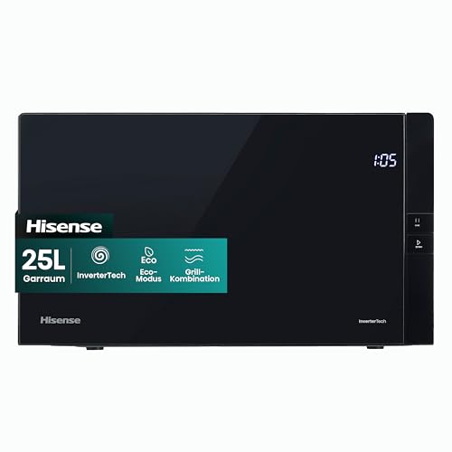 Hisense H25MOBS4HGI Mikrowelle / 25 L / 900W / InverterTech/Auto Programme/Eco Mode/Grill Kombination/Auftaufunktion/Einfache Reinigung /10 Leistungsstufen/Premium gehärtetes Glas/Schwarz