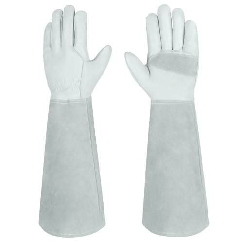 Velway Garten Lederhandschuh für Damen und Herren - Rindsleder Dornensicher Lange Gartenhandschuhe mit Unterarmschutz zum Beschneiden von Rosen Kaktus Arbeitshandschuhe - Größe 8/M Grau