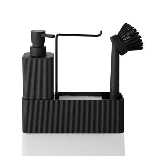 Spülmittelspender Küche Schwarz mit Seifenspender Spülbürste Schwamm Spültuchhalter, Seifenspender Küche Set, Spülbecken Organizer Schmal für Küchen Bad (Schwarz)