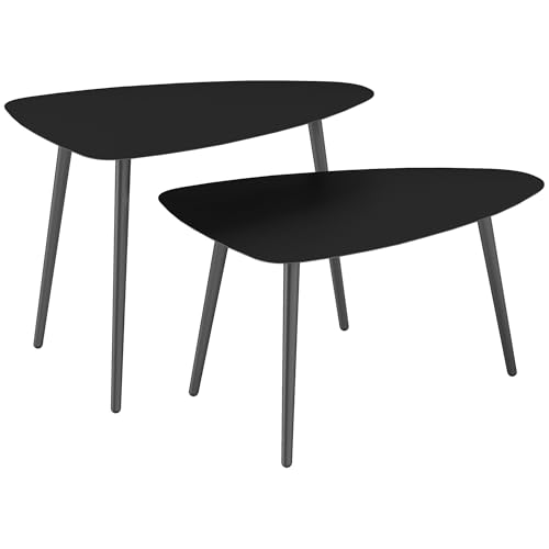 Outsunny Couchtisch 2er Set, Wetterfest Balkontisch aus Stahl, Beistelltisch im Geometrischem Design, Kaffeetisch Outdoor, Gartentisch Terrassentisch für Garten Terrasse Balkon Schwarz