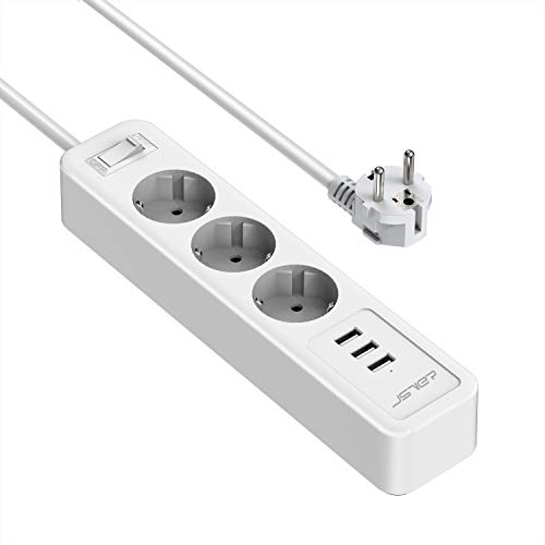 JSVER Steckdosenleiste 3 Fach mit 3 USB Ladeanschlüsse, Mehrfachsteckdose Wandmontage(3680W) Steckerleiste USB(5V 2,4A,12W) mit 2M Kabel für Smartphones, Laptop, iPAD -Weiß