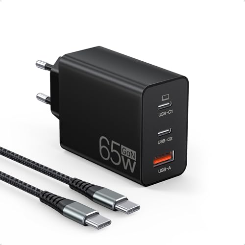 65W USB C Ladegerät, 3Port Schnellladegerät mit 2M Typ C Ladekabel geflochtenem USB C Netzteil für Tablet; Laptops; Handy; Wie iPhone 15 Pro Max/14/13/12/11, Switch, Galaxy S23/S23 Ultra/ S22 usw