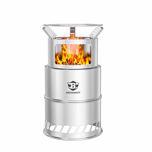 Bestargot Hobo Kocher Holzvergaser Outdoor, 20cm Extra Groß Holzvergaser Kocher aus Edelstahl mit Tasche, Tragbarer Camping Holzofen Outdoor Kocher, Effizienter Hobo Ofen für Camping Bushcraf