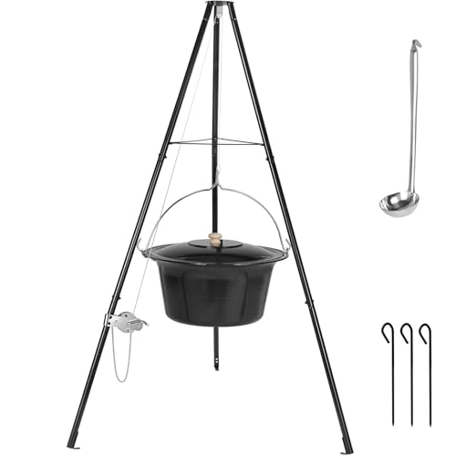 TLSUNNY 30L Gulaschkessel mit Dreibein und Löffel, Original Ungarischer Gulaschkessel, mit Höhenverstellbarer Kette, mit Erdspießen, Kesselgulasch Topf Set, Gulaschtopf Emaille, für 25-30 Personen