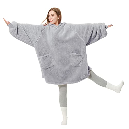 BEDSURE Hoodie Decke mit Ärmeln Kuschelpullover - Decke Sweatshirt zum Anziehen, Deckenpullover Kuscheldecke mit Ärmeln Damen Herren, Ärmeldecke Erwachsene tragbar warm Grau, Ganzkörperdecke TV Decke