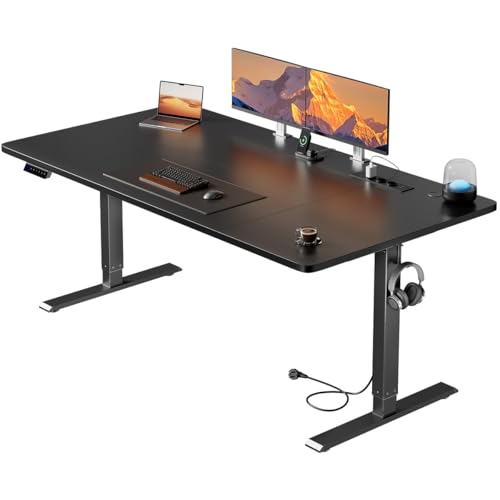 HLONONE Höhenverstellbarer Schreibtisch 160×80cm mit USB-Ladeanschluss und Steckdose, Elektrischer Schreibtisch, Verstellbarer Computertisch mit 3-Funktions-Memory, Schwarz