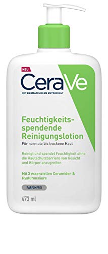 CeraVe Feuchtigkeitsspendende Reinigungslotion für normale bis trockene Haut, sanfte Reinigung für Körper und Gesicht, mit 3 essentiellen Ceramiden und Hyaluron 473 ml