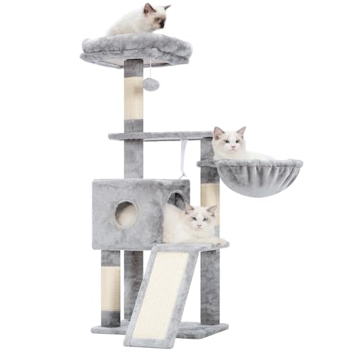 Hey-brother Kratzbaum, 108cm Indoor Katzenbaum, mehrstöckiger Katzenkratzbaum für Kätzchen, mit Kratzsäulen, Rampe, Körbchen, geräumigem Katzenloch und hängendem Pompon-Spielzeug, Hellgrau MPJ007SW