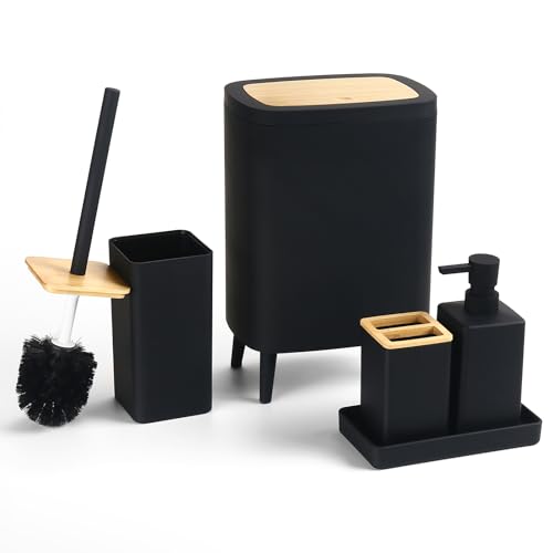AJEUNGAIN Badezimmer Set Schwarz, Badausstattung Zubehör Komplett Set Organizer, 5tlg Bad Set: Mülleimer mit Füßen, Seifenspender, Zahnbürstenhalter, WC-Bürste und Halter, Tablett (Schwarz)