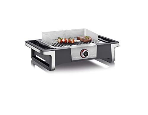 SEVERIN SENOA DigitalBOOST Elektrogrill für drinnen und draußen, Tischgrill mit schnellem Grillstart bis 500 °C, Balkon Grill mit SafeTouch-Oberfläche, Edelstahl/Schwarz, PG 8114