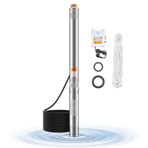VEVOR Tiefbrunnenpumpe, 550 W Ausgangsleistung, 100 L/min Durchfluss, 53 m Förderhöhe, mit 20 m Kabel, externer Steuerkasten, Edelstahl-Wasserpumpe, für industrielle Bewässerung und Heimgebrauch, IP68