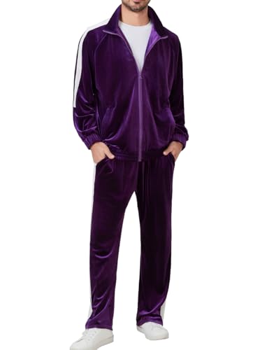 Herren Trainingsanzug 2 Stück Velours-Sweatsuit für Männer Casual Full Zip Jogging Anzug Jacke Hose Set (DE/NL/SE/PL, Alphanumerisch, L, Regular, Regular, Lila)