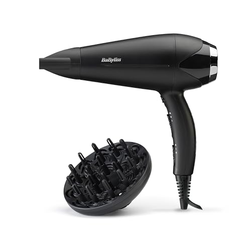 BaByliss Turbo Smooth Haartrockner – 2200 W leistungsstarker Föhn, großer Diffusor, Ionen-Technologie mit Anti-Frizz, 3 Temperatureinstellungen & 2 Geschwindigkeitsstufen, Schwarz, D572DE