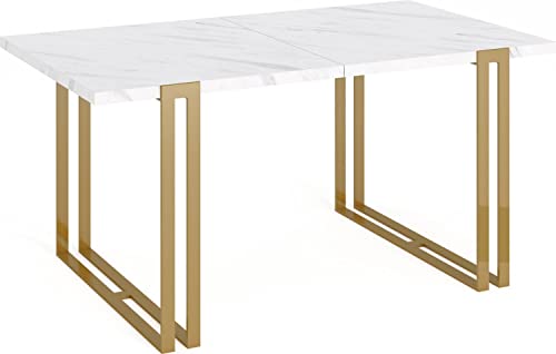 Ausziehbarer Esstisch Weiß - Tisch im Loft-Stil mit Metallbeinen - Industrietisch für das Wohnzimmer - Spacesaver - 160/260 cm - Marmor Weiss - Goldene Beine