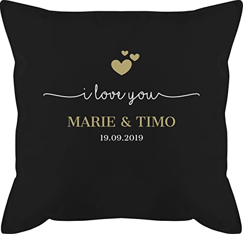 Kissen 50x50 - Partner Ideen - I Love You mit Namen Datum - 50 x 50 cm - Schwarz - personalisierte Geschenke Freund partnerkisen Liebe Dich Pillow Boyfriend-Kissen paarkisssen