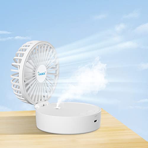 Handventilator,Tragbarer Mini Ventilator mit Kühlen Nebel und Aufladbarem Batterie,Faltbar Klein Taschenventilator,7 Farben Nachtlichter,USB Ventilator 3 Geschwindigkeiten für Reisen,Büro(Weiß)