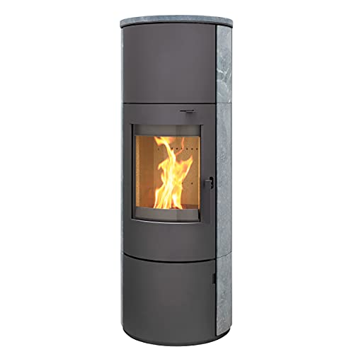 Thermia München XL Stahl gussgrau Speckstein 7kw Speicherofen mit Steinverkleidung Panoramatür Holzofen Dauerbrand geeignet Schwedenofen 150mm Abgasstutzen selbstschließende Tür (Bauart 1)