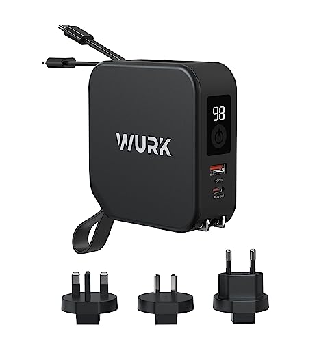 Wurk 5-in-1 PowerPack – Powerbank – kabelloses Ladegerät – Reisestecker – iPhone-Ladegerät – Samsung-Ladegerät – 10.000 mAh – schnelles Aufladen – integriertes USB-C- und L-Kabel [Schwarz]