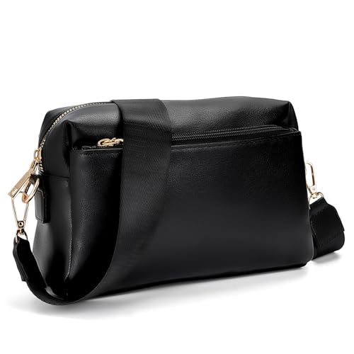 molshine Handy Umhängetasche Damen,Kleine Schultertasche,Vegan Leder Crossbody Bag mit drei Reißverschlussfächern,Elegant Handtasche mit Verstellbar Schultergurt HB040 (Schwarz)