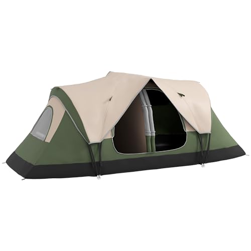 Outsunny Campingzelt, Tunnelzelt für 6-8 Personen, mit Lichthaken, Meshfenster, 2 Räumen Winddicht Familienzelt mit Tragetasche, 2000mm Wasserabweisend Gruppenzelt für Camping, Garten, Dunkelgrün
