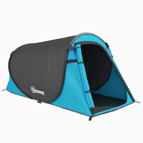 Outsunny Pop up Zelt für 1-2 Personen Campingzelt für 3 Jahreszeiten Polyester Glasfaser Blau+Grau 220 x 108 x 110 cm