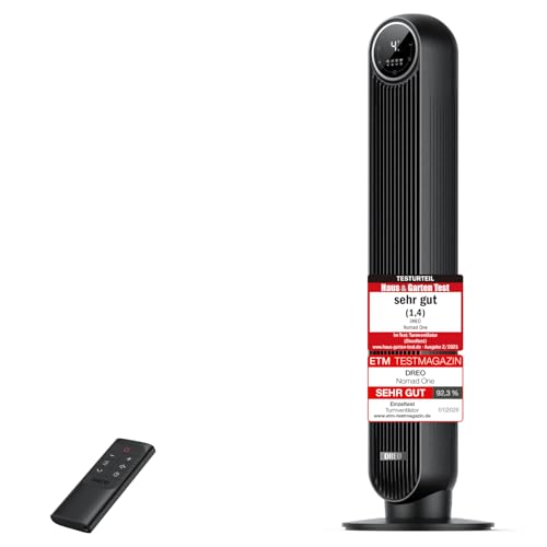 Dreo 20dB Leiser Turmventilator, 10 m Wurfweite 4 Geschwindigstufen 4 Modi 8 Std. Timer 90° oszillierende Ventilator mit Kühlung Fernbedienung für Schlafzimmer, Nomad One, Schwarz