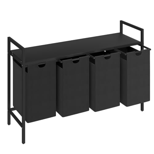 STEELSØN Rigil Wäschekorb 4 Fächer – Wäschesammler mit Ablage – Wäschesack ausziehbar – Wäschesortierer schwarz – Wäschebox 4x 40l für Bad oder Schlafzimmer – Laundry Baskets mit Metallrahmen