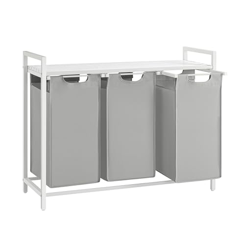 VASAGLE Wäschekorb 3 Fächer, Wäschesammler mit Ablage, Wäschebox, Wäschesack aus Oxford-Gewebe ausziehbar abnehmbar, Metallrahmen, 3 x 38 L, 92,5 x 33 x 72 cm, taubengrau BLH301W03