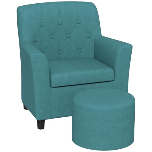 AIYAPLAY Kindersessel Kindersofa mit Fußhocker Kindercouch 1,5-3 Jahre Kindermöbel Kinderzimmer Leinentoptik Eukalyptusholz Blau 45 x 43 x 50,5 cm