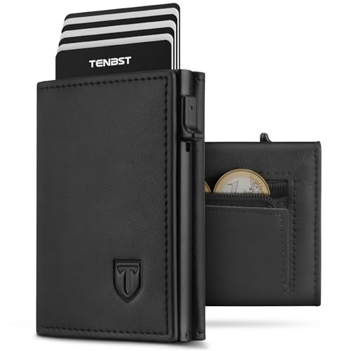 TENBST Geldbörse Herren mit RFID Schutz, Slim Wallet mit Münzfach, 10 Karten Portmonee Geldbeutel Herren, Magnetischer Wallets for Men, Kreditkartenetui Klein with Gift Box - Schwarz (Schwarz)