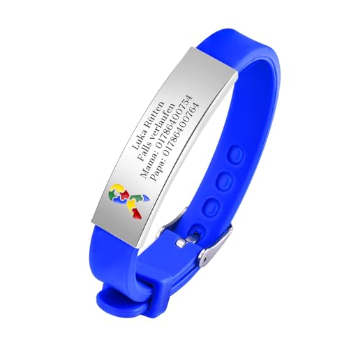 Notfallarmband SOS Armband Kinder - Blau Kinderarmband Gravur Telefonnummer Name, Anti Verloren Armbänder für Autismus Kinder, Personalisiertes Notfall Medizinische Armband für Mädchen Jungen