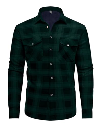 QIXING Flanellhemd Herren Holzfällerhemd Gefüttert Karohemd Herren Fleece Warm Langarm Freizeitjacke(Schwarz Dunkelgrün, M)